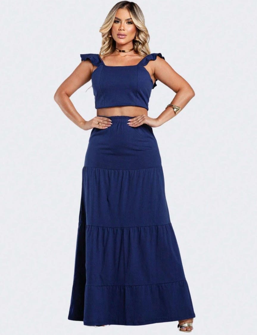 Conjunto Saia Longa com Cropped verão AZUL MARINHO