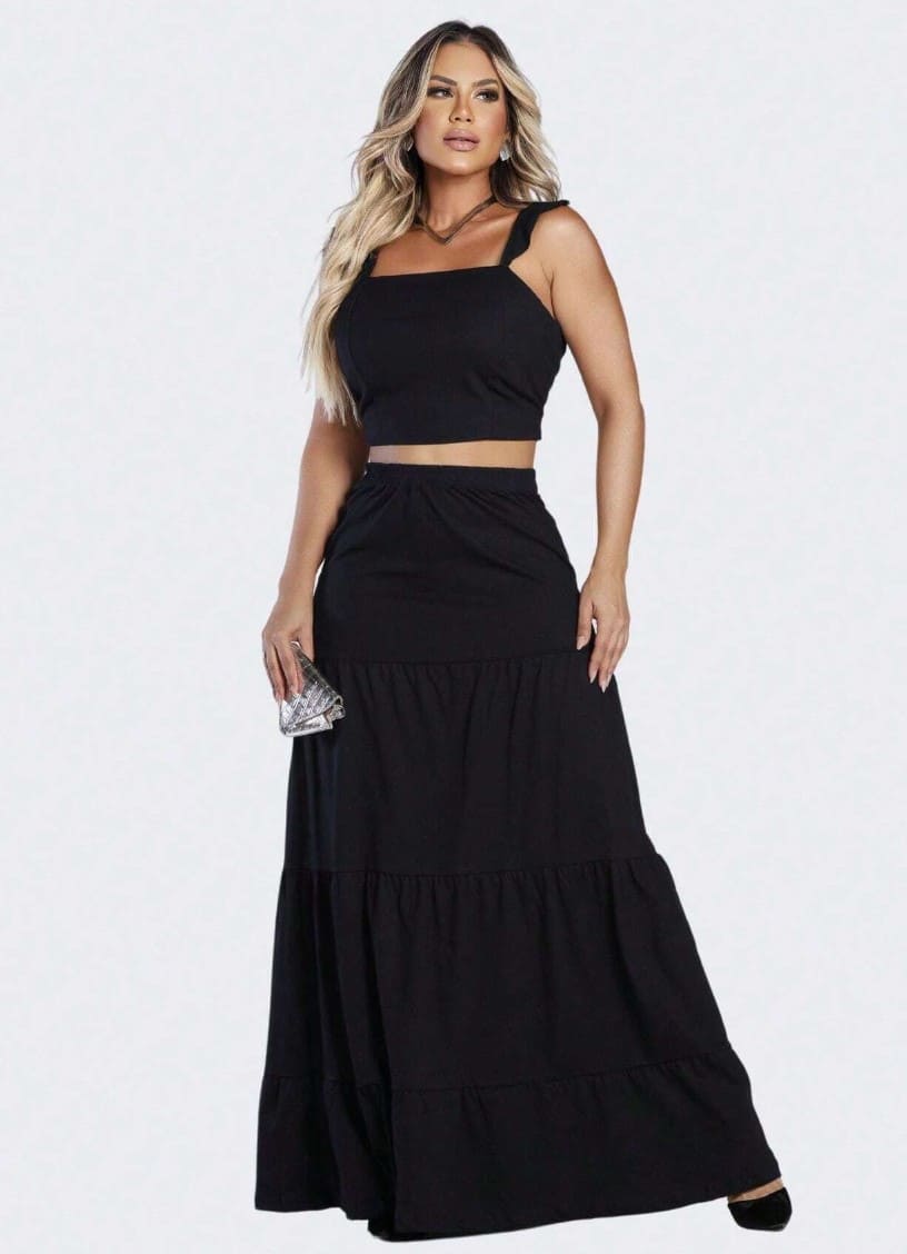 Conjunto Saia Longa com Cropped verão preto