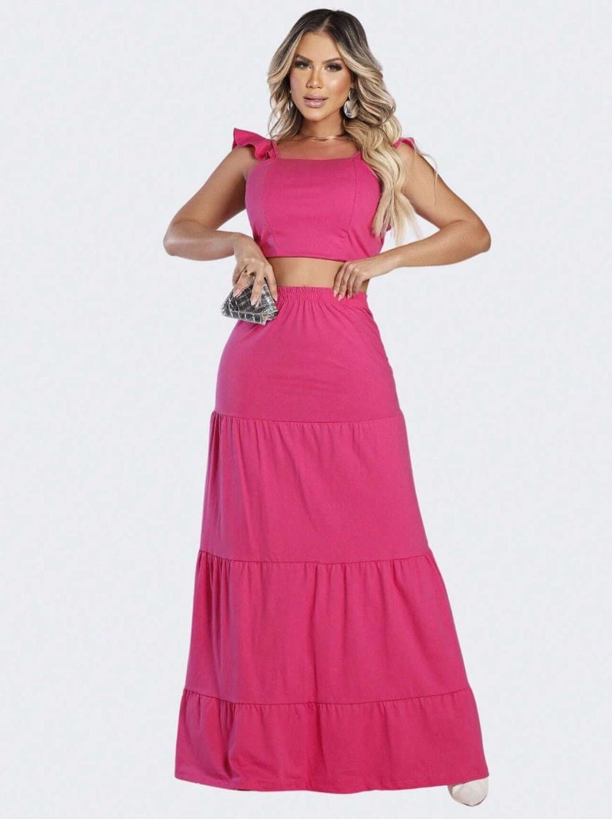 Conjunto Saia Longa com Cropped verão rosa barbiecore