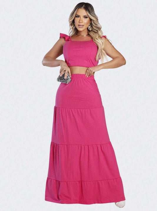 Conjunto Saia Longa com Cropped verão rosa barbiecore
