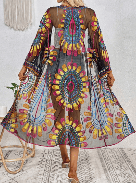 Kimono Bordado de Renda Boho Chic mandala Paisley colorido étnico meia-estação amarelo vermelho preto