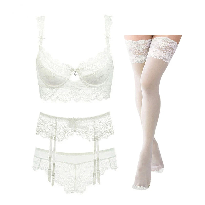Conjunto Lingerie de Renda com Cinta-Liga + Meia 7/8