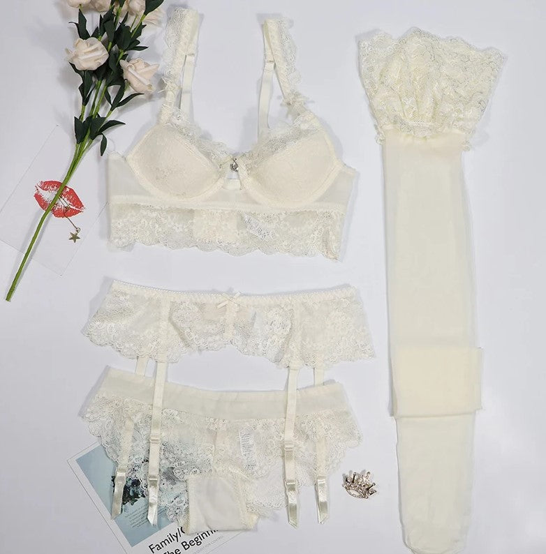 Conjunto Lingerie de Renda com Cinta-Liga + Meia 7/8
