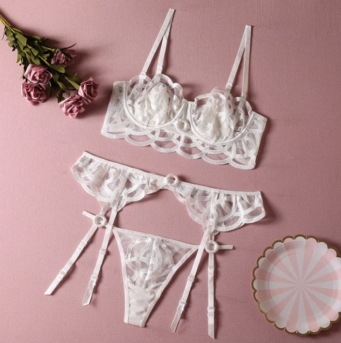 Conjunto Lingerie Transparente de Renda Geométrica + Cinta-Liga