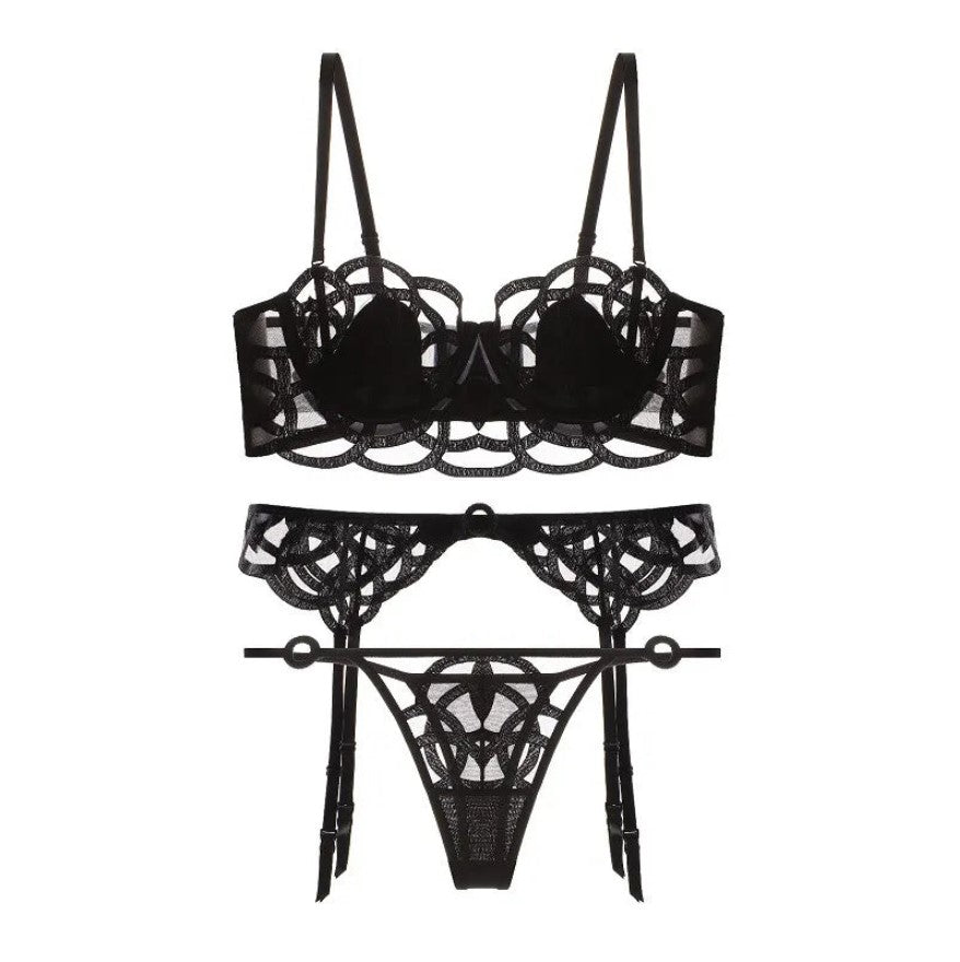 Conjunto Lingerie Transparente de Renda Geométrica + Cinta-Liga