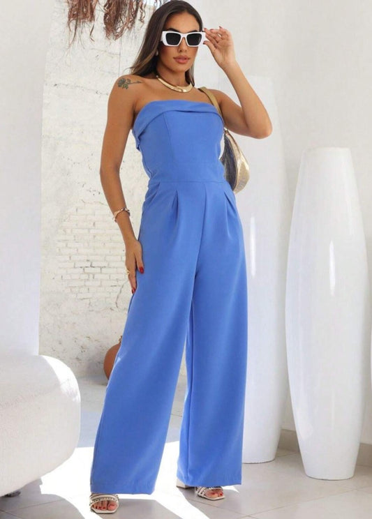 Macacão feminino verão Social Tomara Que Caia alfaiataria festa office azul