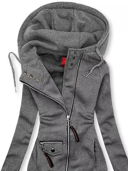 Casaco Moletom feminino com Zíper e Capuz preto bolsos enfeites hoodie