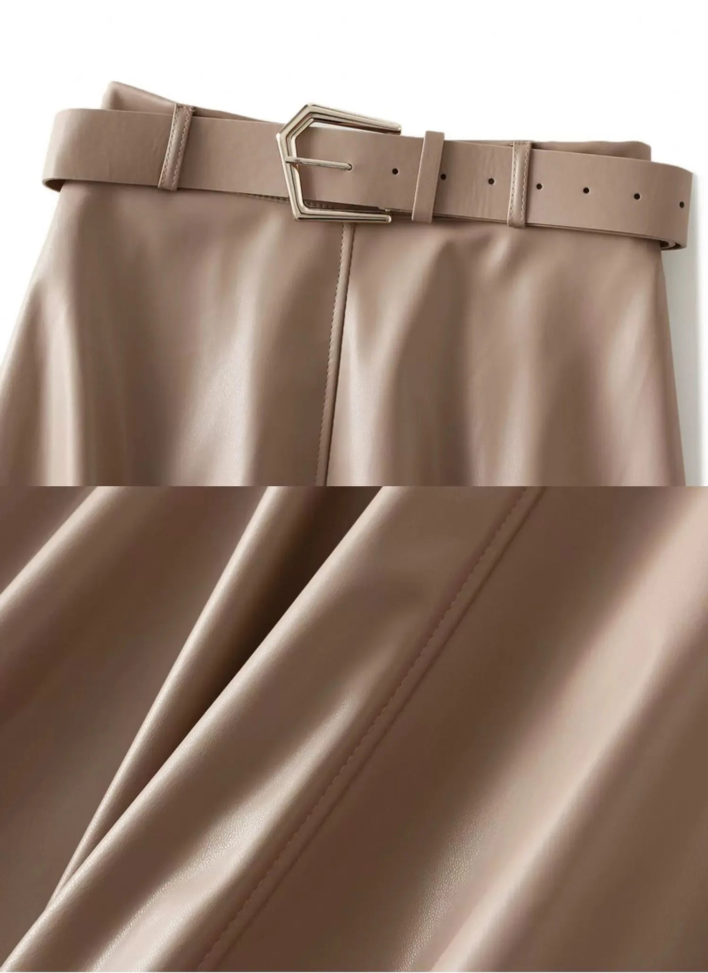 Saia de Couro Midi Trapézio Fivela Cintura Alta
