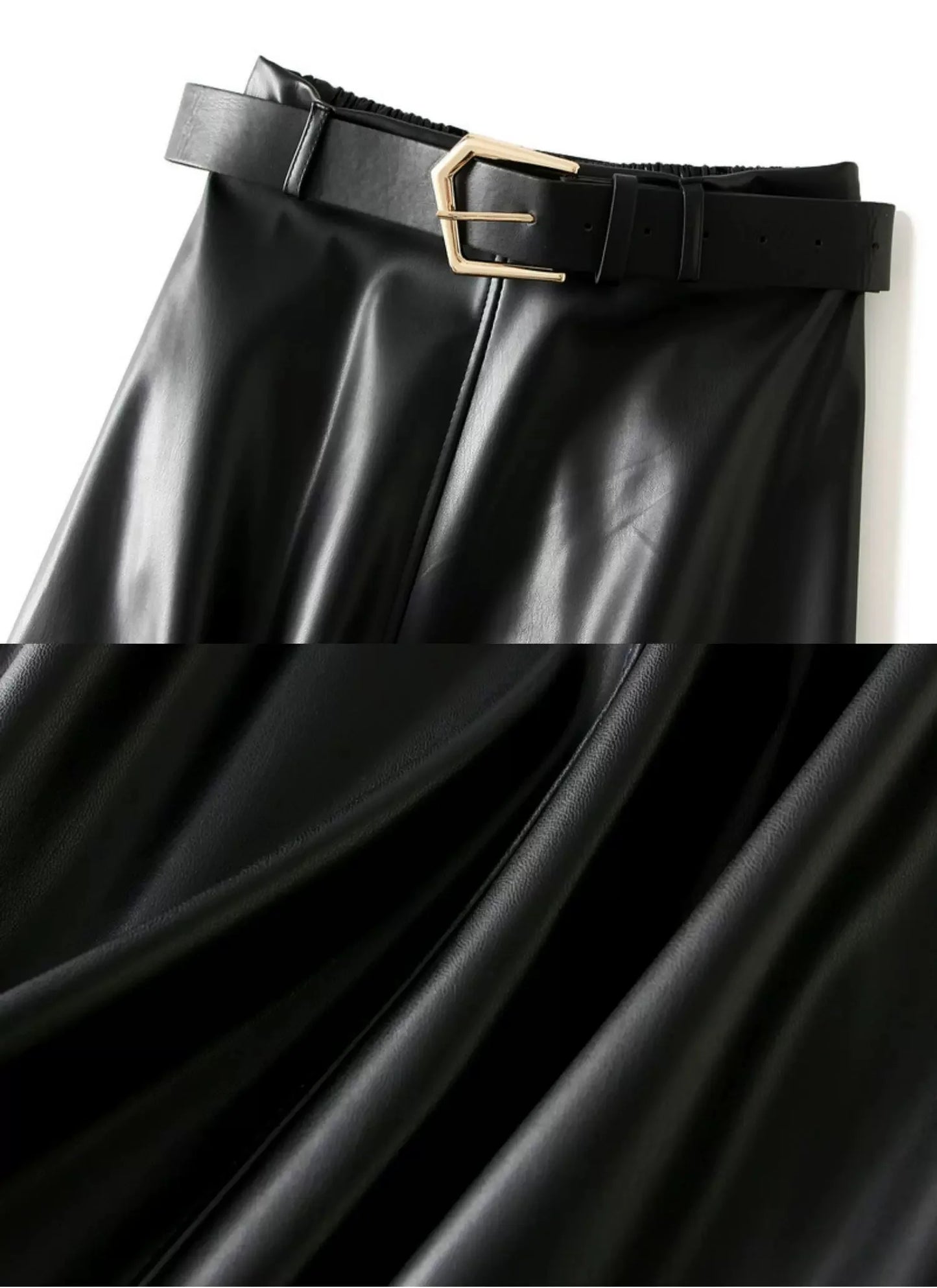 Saia de Couro Midi Trapézio Fivela Cintura Alta