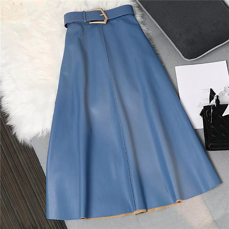 Saia de Couro Midi Trapézio Fivela Cintura Alta