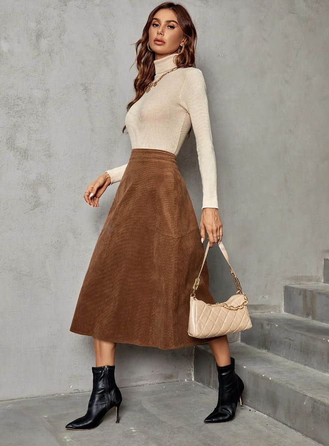 Saia Midi Veludo Cotelê Caramelo look inverno 2024