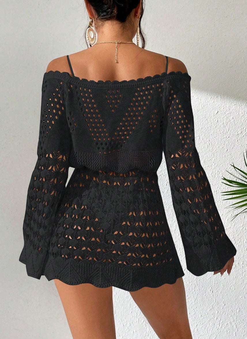 Saída de Praia de Crochê Curta Transparente Manga Flare tomara que caia sofisticada bata preta sensual