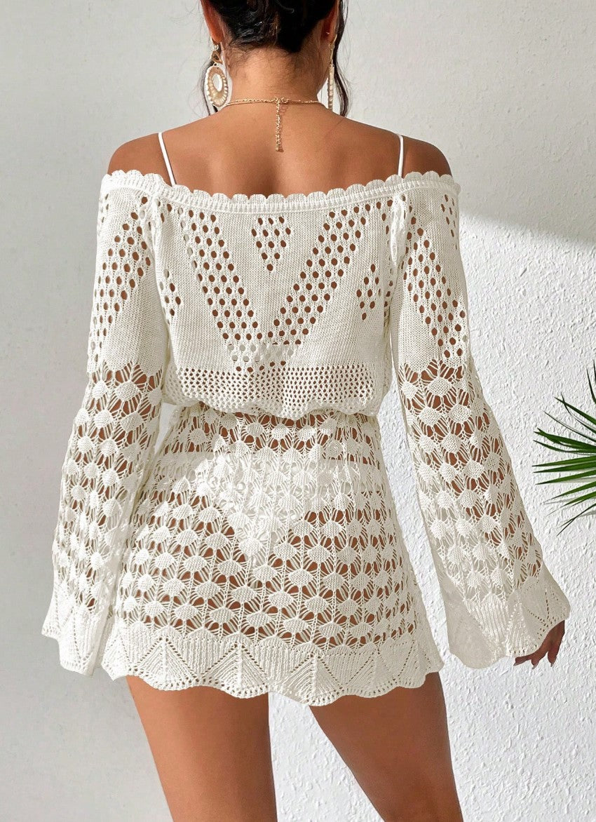 Saída de Praia de Crochê Curta Transparente Manga Flare tomara que caia sofisticada bata branca