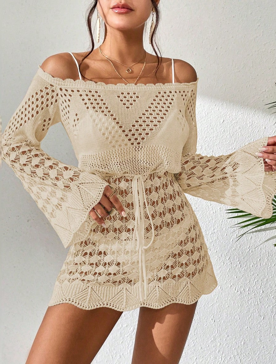 Saída de Praia de Crochê Curta Transparente Manga Flare tomara que caia sofisticada bata bege sensual