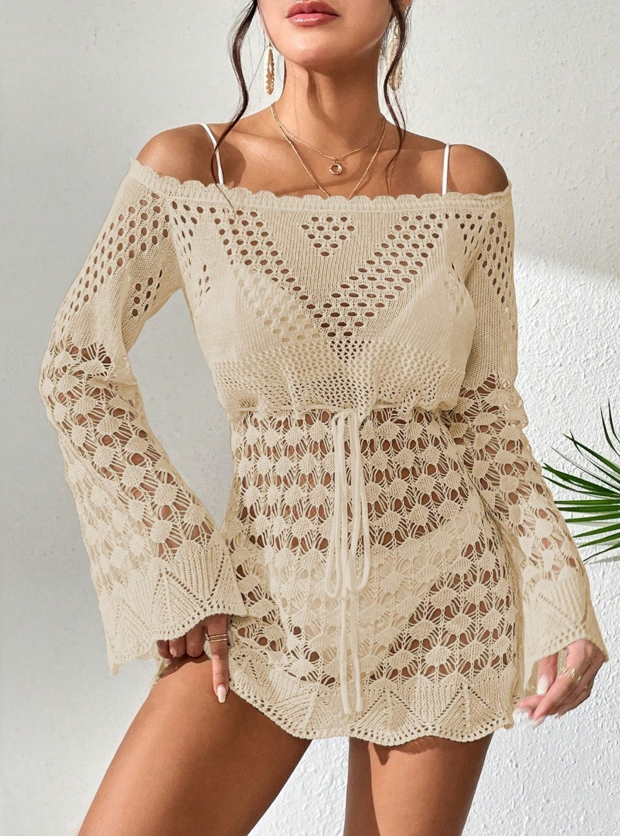 Saída de Praia de Crochê Curta Transparente Manga Flare tomara que caia sofisticada bata bege sensual