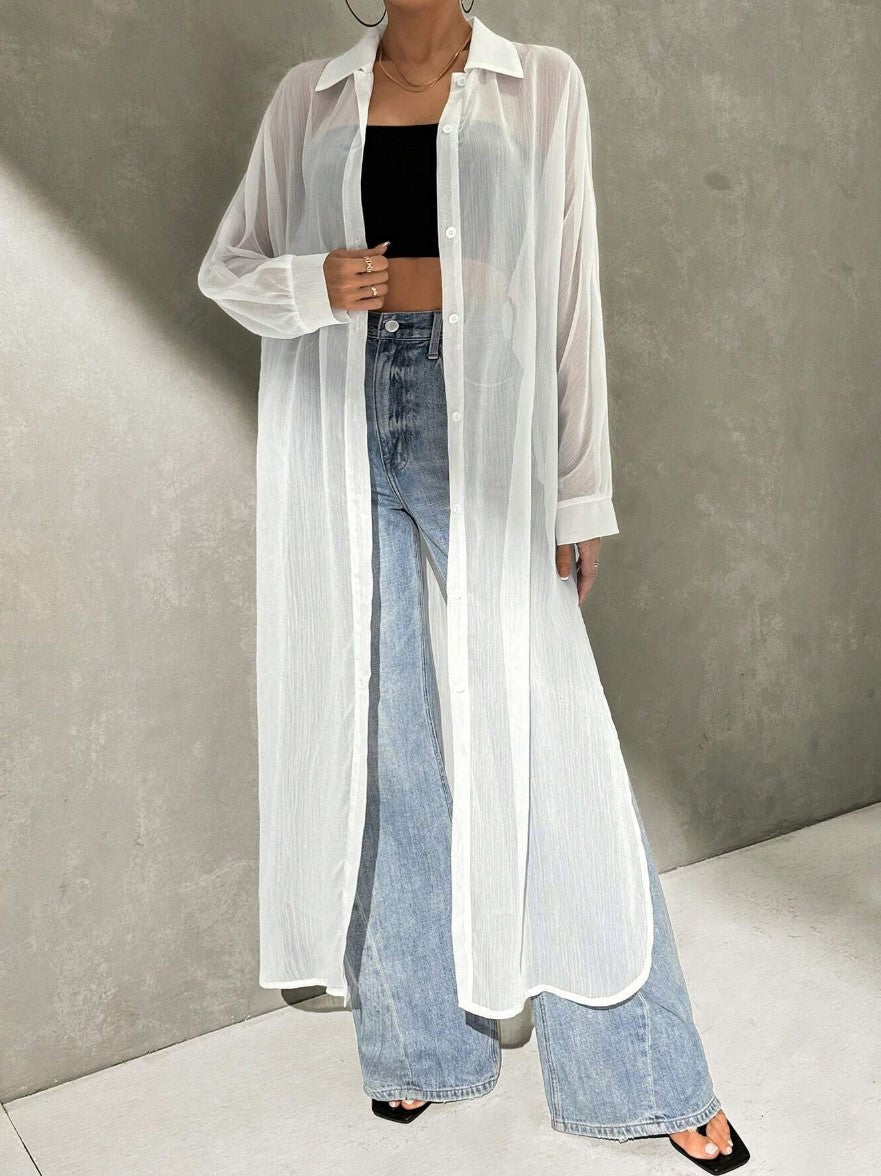 Kimono Longo Transparente Saída de Praia Manga boho chic sobreposição branco