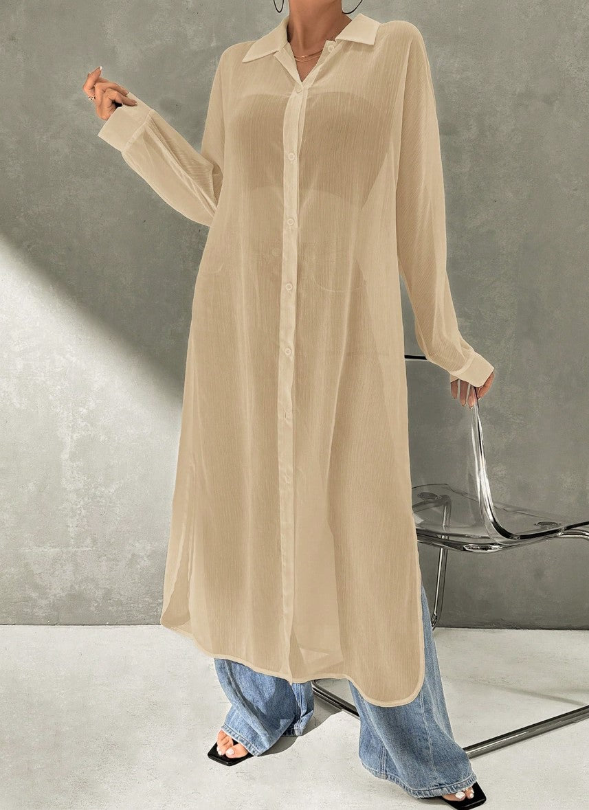 Kimono Longo Transparente Saída de Praia Manga boho chic sobreposição bege