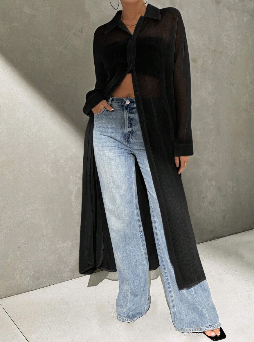 Kimono Longo Transparente Saída de Praia Manga boho chic sobreposição preto