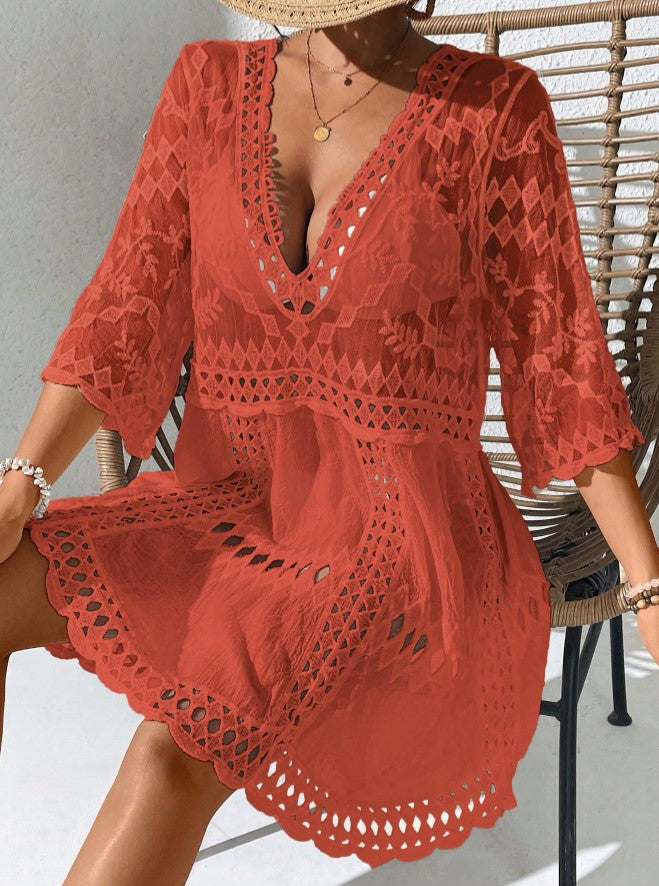 Saída de Praia Curta Manga Vestido de Renda laranja boho festival decote v