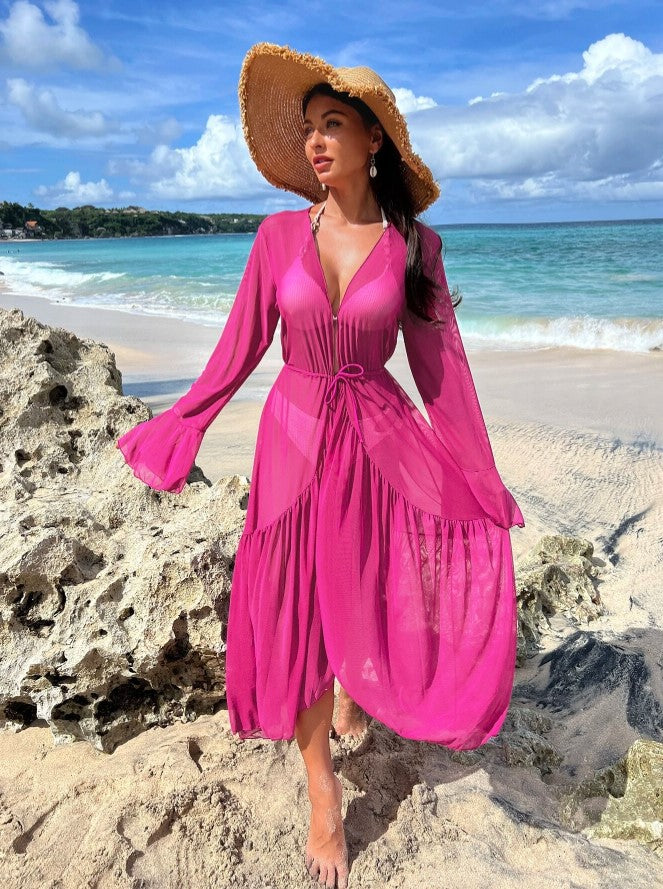 Saída de Praia Longa Tule de Manga Flare elegante chic rosa barbie cor transparente