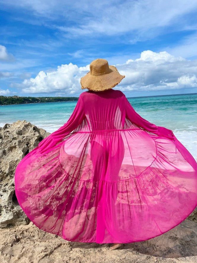 Saída de Praia Longa Tule de Manga Flare elegante chic rosa pink