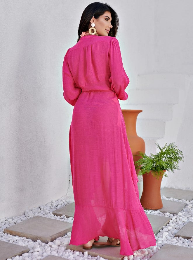 Saída de Praia Longa de Manga Babados Assimétrica rosa pink