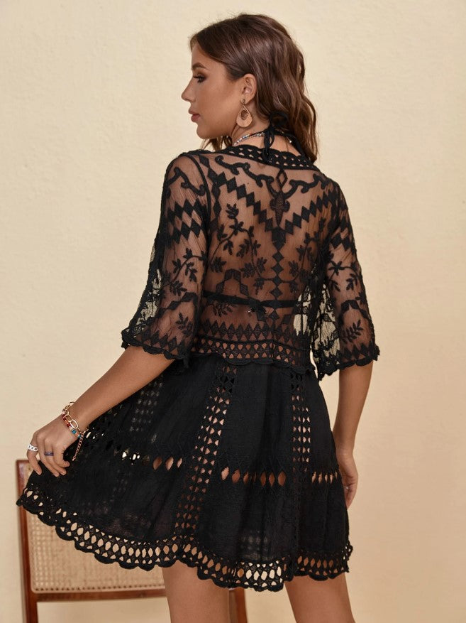 Saída de Praia Curta Manga Vestido de Renda preta boho festival decote v