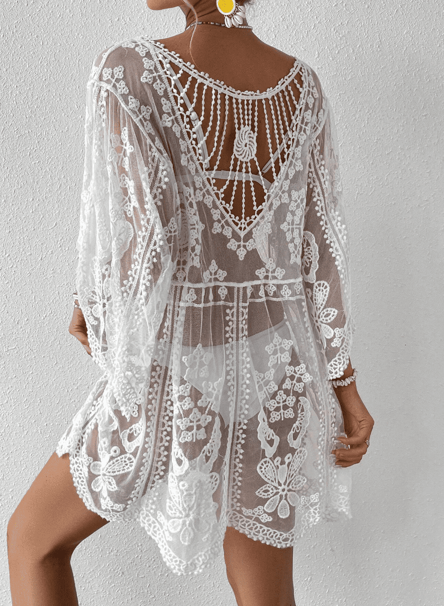 Saída de Praia de Renda Transparente Curta Manga branca sofisticada elegante