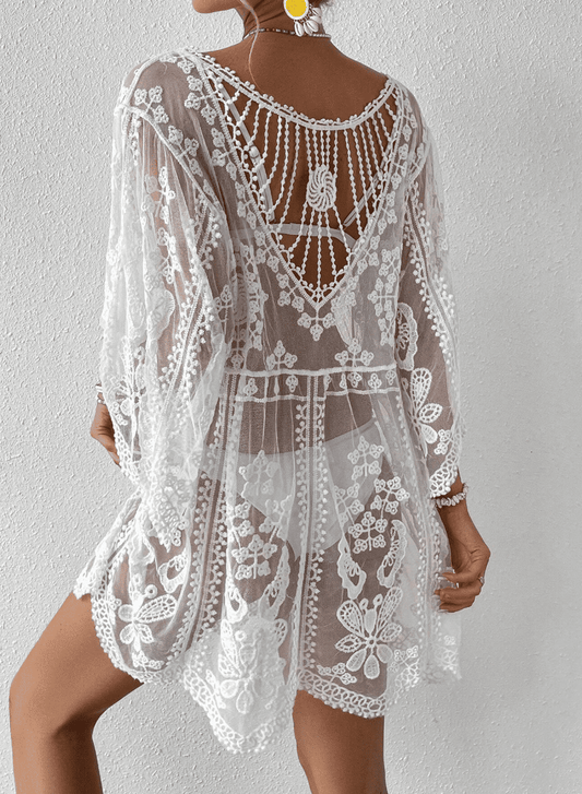 Saída de Praia de Renda Transparente Curta Manga branca sofisticada elegante