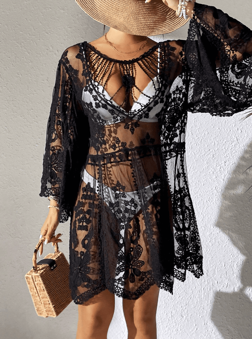 Saída de Praia de Renda Transparente Curta Manga preta sensual