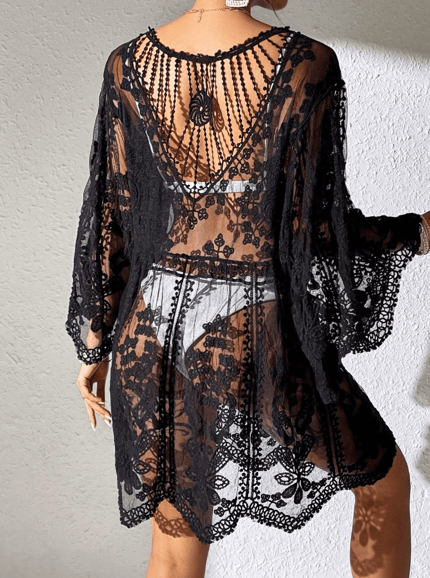 Saída de Praia de Renda Transparente Curta Manga preta elegante