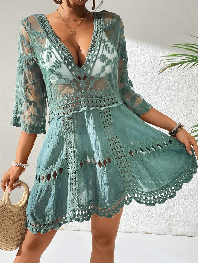 Saída de Praia Curta Manga Vestido de Renda verde petroleo boho festival decote v