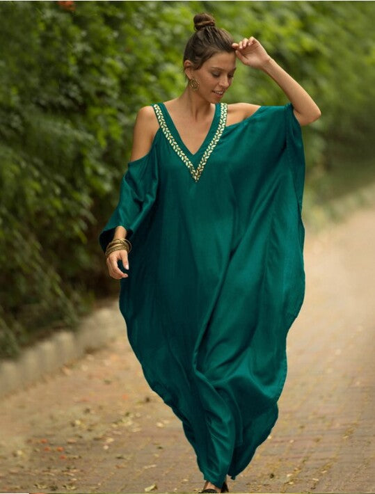 Vestido Longo Ciganinha Bordado Solto Túnica Plus Size decote v ombros a mostra kaftan viscose verde