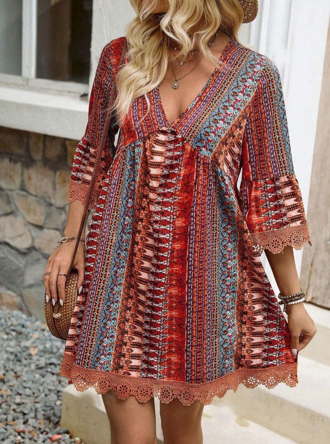 Vestido Western Boho Estampado Curto Manga 3/4 vermelho étnico hippy