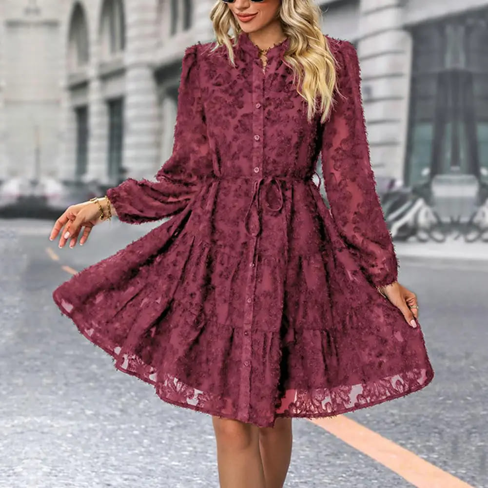 Vestido de Festa Bordado Manga Chemise rodado vinho