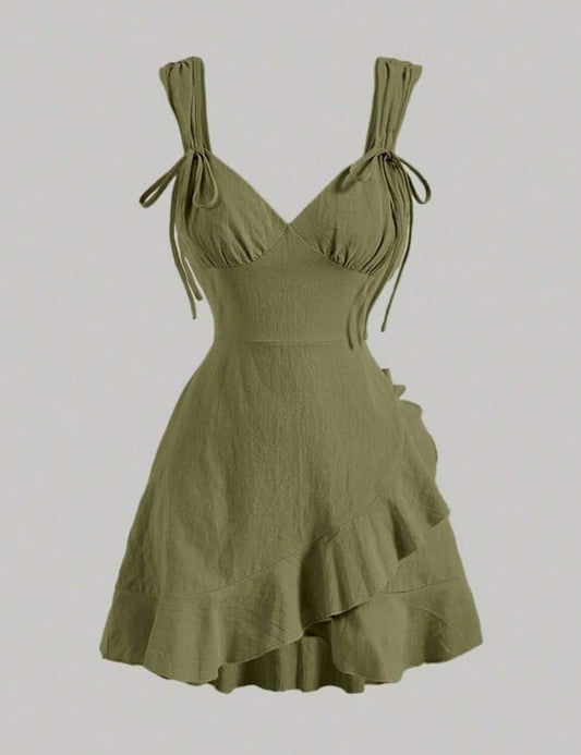 Vestido de Festa Curto Acinturado Decote V verde musgo oliva militar