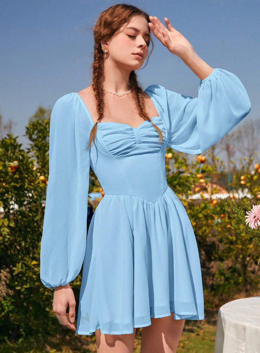 Vestido de Festa Curto Princesa Medieval manga longa chiffon azul claro