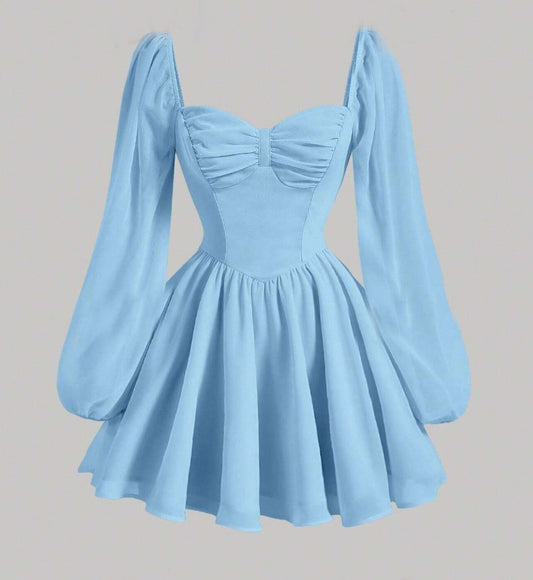 Vestido de Festa Curto Princesa Medieval manga longa chiffon azul claro