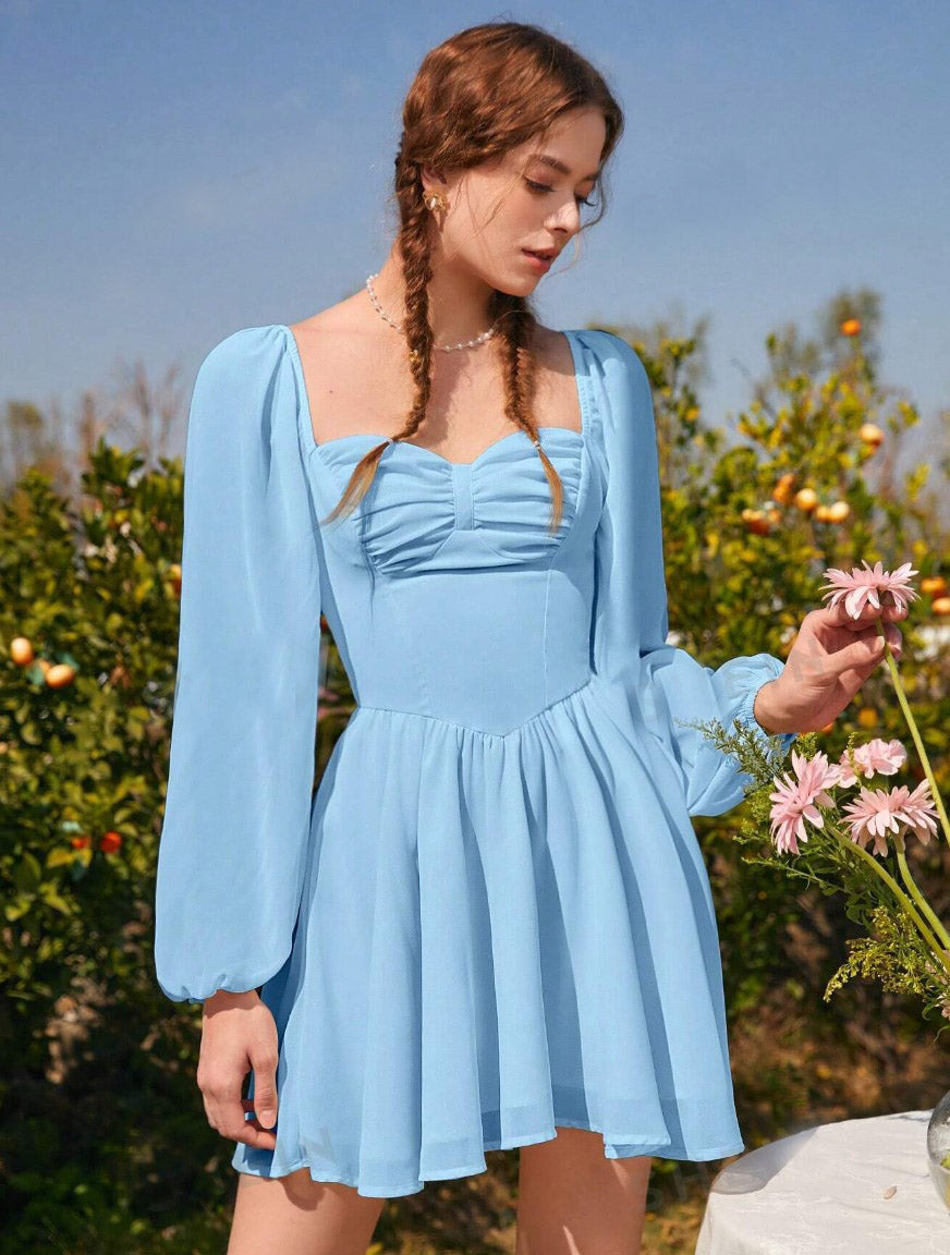 Vestido de Festa Curto Princesa Medieval manga longa chiffon azul claro
