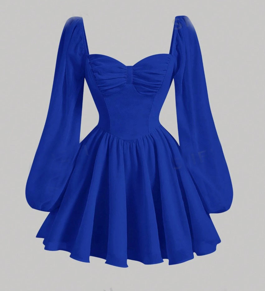Vestido de Festa Curto Princesa Medieval manga longa chiffon azul royal