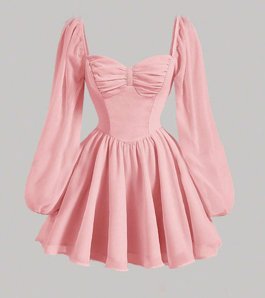 Vestido de Festa Curto Princesa Medieval manga longa chiffon rosa claro