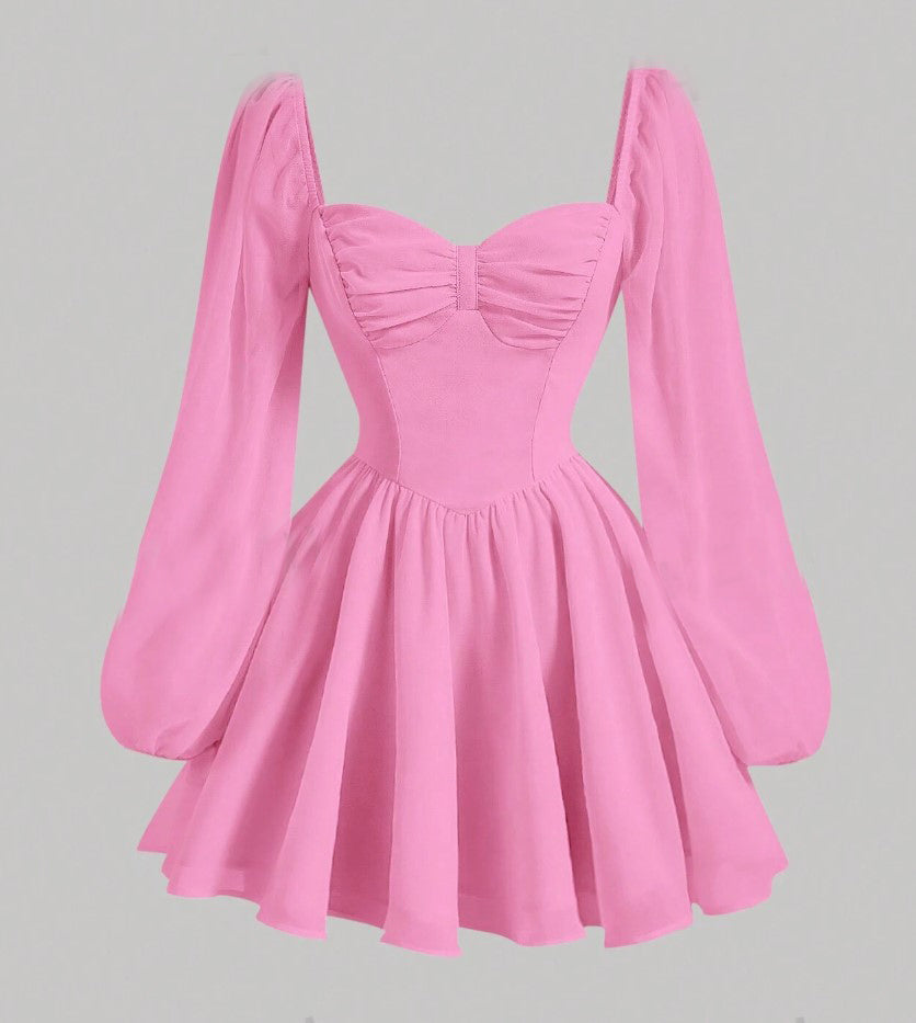 Vestido de Festa Curto Princesa Medieval manga longa chiffon rosa