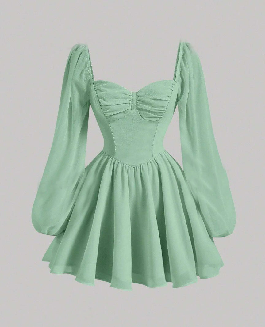 Vestido de Festa Curto Princesa Medieval manga longa chiffon verde claro verde água
