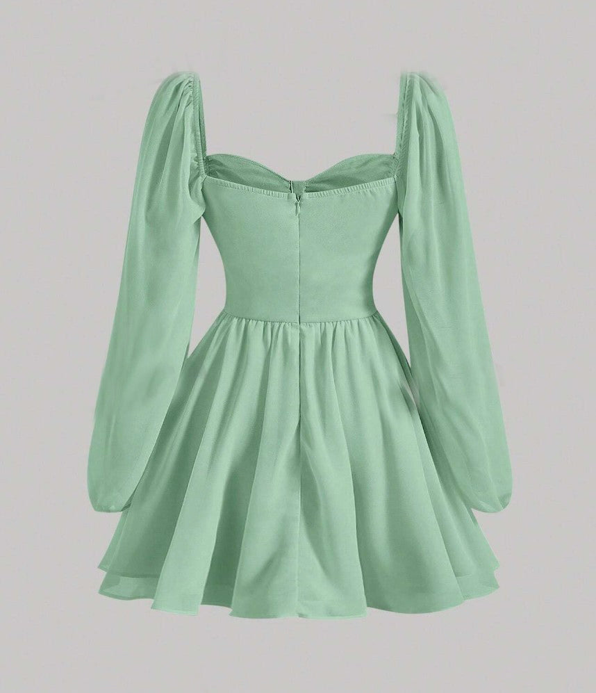 Vestido de Festa Curto Princesa Medieval manga longa chiffon verde água