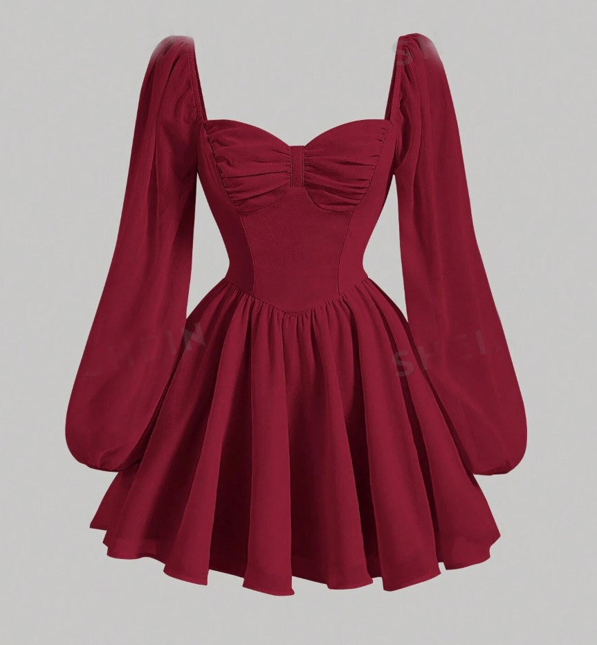 Vestido de Festa Curto Princesa Medieval manga longa chiffon vermelho vinho