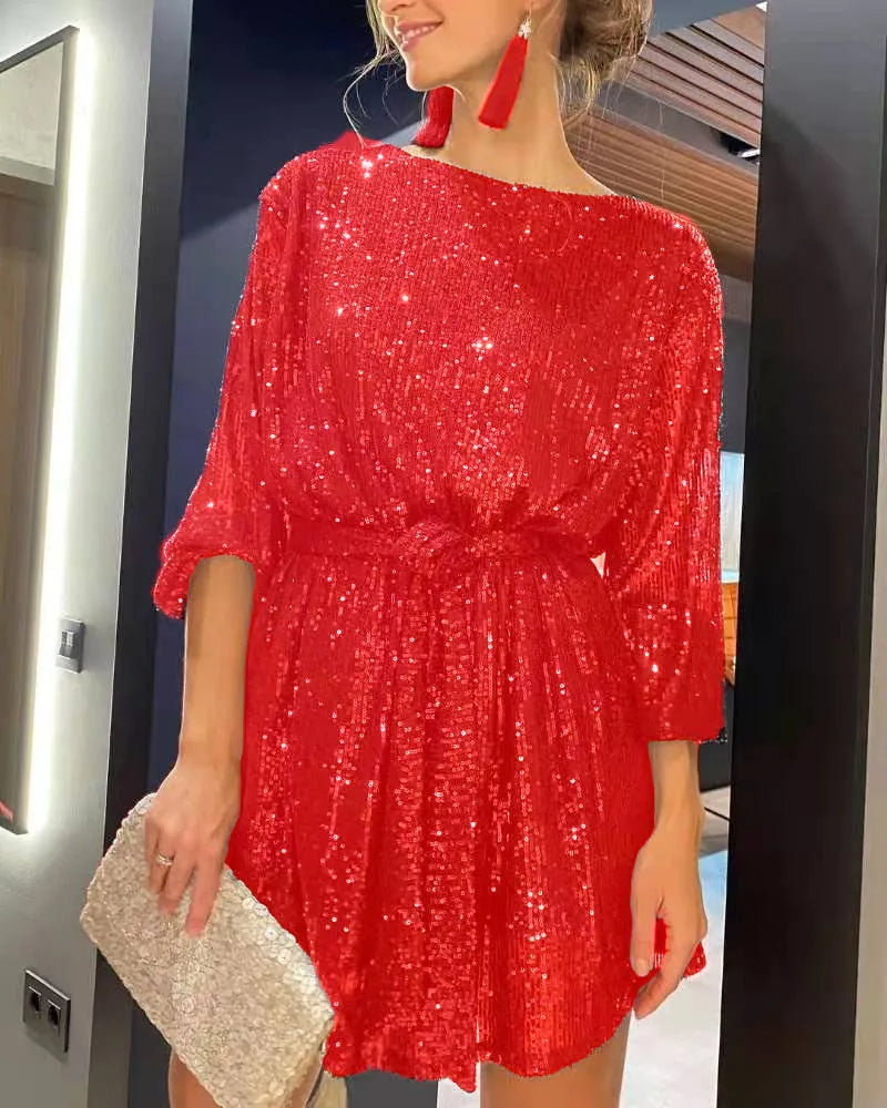 Vestido de Festa Paetês Curto de Manga vermelho