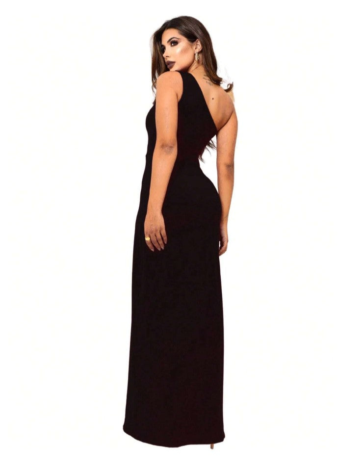 Vestido de Festa Longo de Um Ombro formatura fenda preto