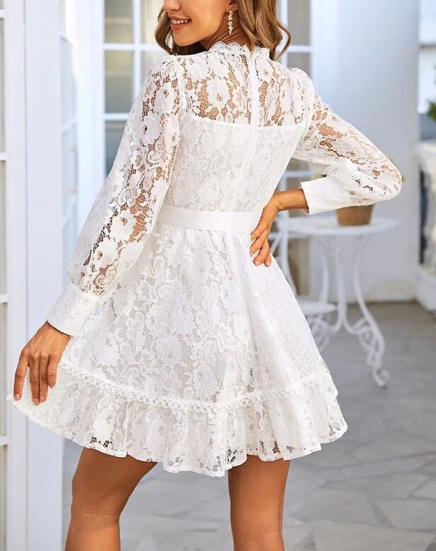 Vestido de Festa Curto de Renda Manga Branco casamento formatura 15 anos