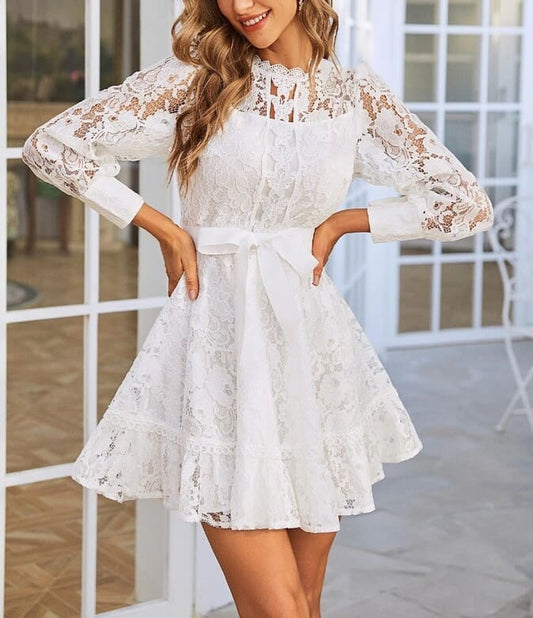 Vestido de Festa Curto de Renda Manga Branco casamento formatura 15 anos