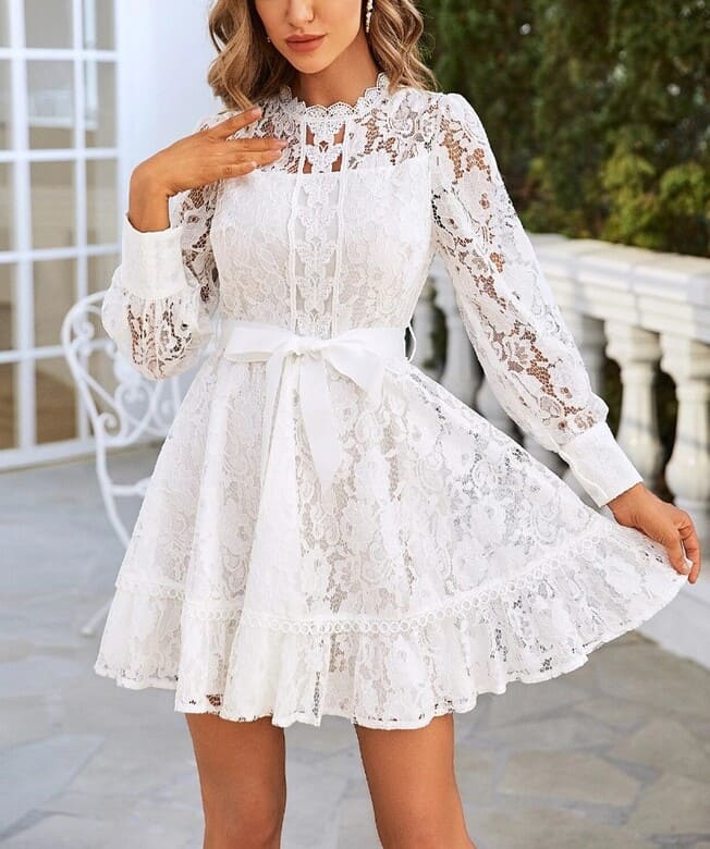 Vestido de Festa Curto de Renda Manga Branco casamento formatura 15 anos